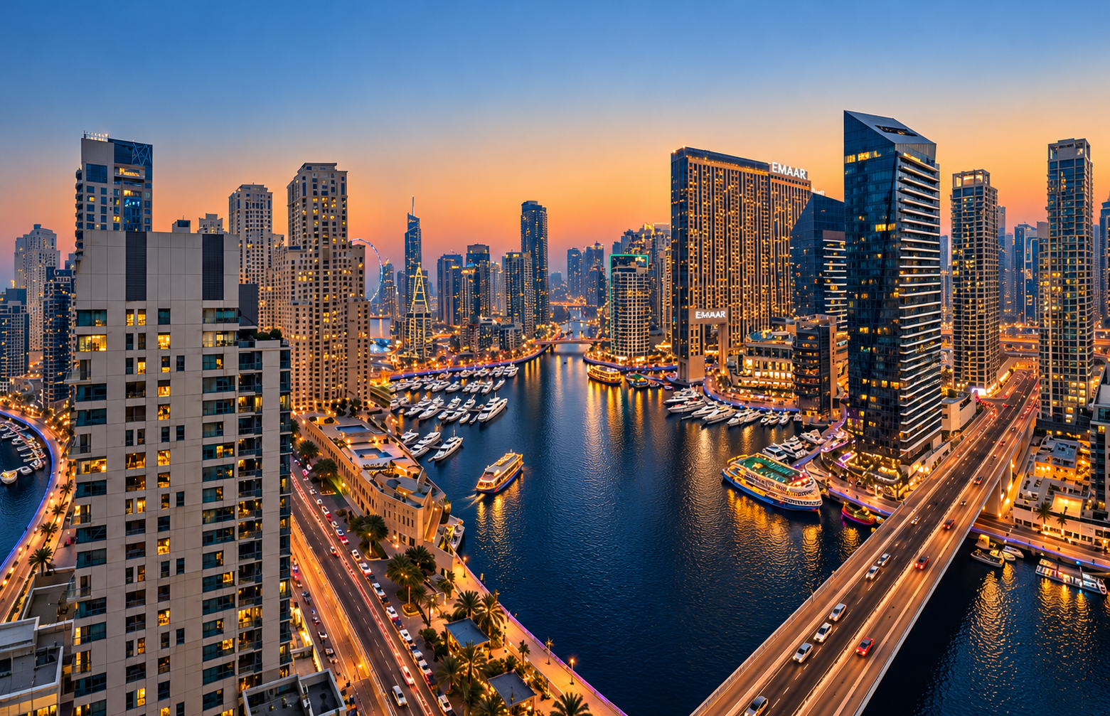 Dubai Marina skyline and water at sunset